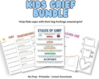 Op de afbeelding: Een Kids Grief Bundle met diverse printbare werkbladen met teksten zoals "Stages of Grief", "Remembering" en "Today". De pagina's bevatten invulvelden, vragen en illustraties om kinderen te helpen bij het verwerken van emoties.