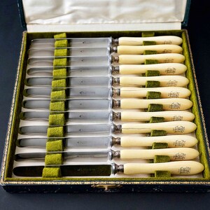 Puede incluir: Un juego de 12 cuchillos de mantequilla de plata con mangos de marfil en una caja forrada de terciopelo verde. Los mangos est&aacute;n grabados con un escudo de armas.