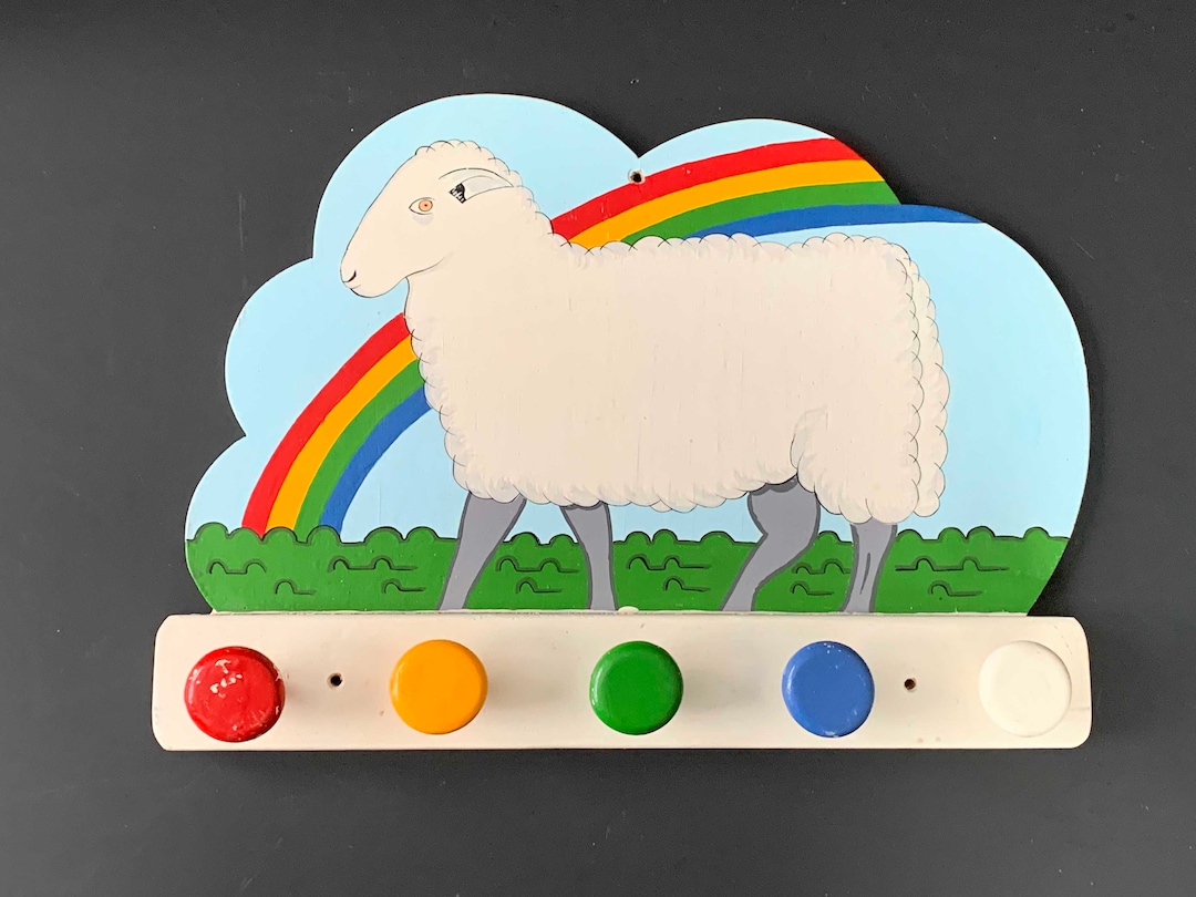 Vintage Children's Coat Rack Decorated With Rainbow & Sheep Made of