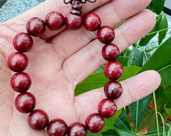 Tibetan Buddhist Prayer Mala Bracelet, 10mm Red Wood Round Beads, Stretch Design, Unisex, Prosperity Infinity Knot