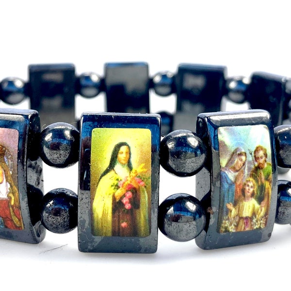 Religious Saints Magnetic Hematite Stretch Bracelet- Good for Healing and Energy Or Arthritis Pain Relief- Men & Women-  91175