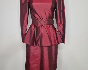 1980s Vintage Burgundy Taffeta Evening Party Formal Wedding Fitted Peplum Dress, OJAY, Size 6 8