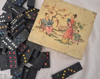 1950s 60s Vintage Dominoes 52 Draughts Set, Florentine Style Wooden Trinket Box
