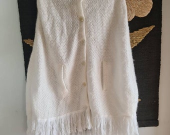 Vintage 1960s 70s Pure White Woven Knitted Cape Poncho, Small, Size 6 8 10, Made in Japan