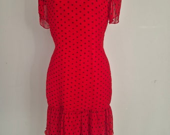 1980s Vintage Red Polkadot Evening Party Formal Dress, Size 10