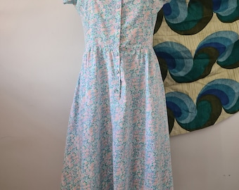 1980s 1990s Pretty Ditsy Floral Fit & Flair Midi Dress, Vintage Summer Dress, Size 8 10