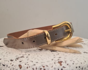 1970s 1980s Silver Metalic Vintage Leather Belt With Gold Buckle, Evining Vintage Belt