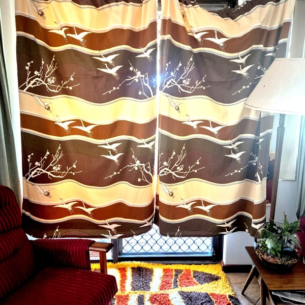 1970s 80s Vintage Brown Neutral Bohemian Bird Drapped Curtains, 2 X Curtain, Rubber Backing, Vintage Home