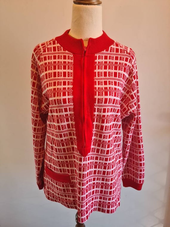 Vintage Retro 1970s Red and White Knitted Sweater… - image 1