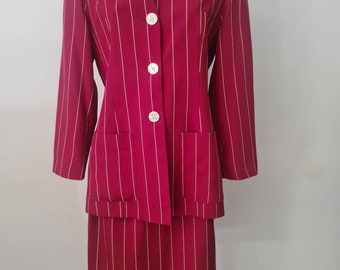 1980s Vintage TABLE EIGHT Burgundy & White Vertical Stripped Blazer Skirt Suit Two Piece Set, Vintage Office, 9 to 5, Size 10 12