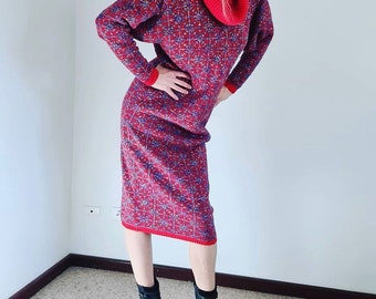 Vintage 1980s Retro Wool Knitted Jumper Dress, Metallic, Turtle Neck, Winter Fashion, Size 10 12