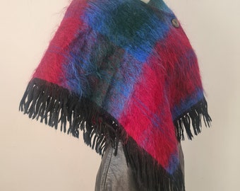 Incredibly Beautiful Woven Mohair & Wool Poncho With Fringe, Soft Fluffy Yarn Blue Red Blue and Black, Small, Size 6 8 10, Made In SCOTLAND