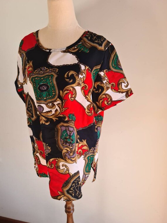 Vintage flowy equestrian foulard scarf print blouse wide sleeves 1980s 80s