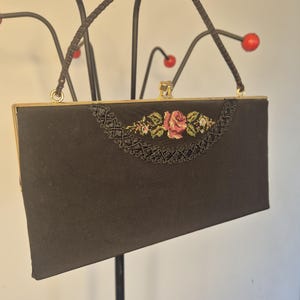 1950s 60s Black Rose Embroidery Vintage Evening Handbag Clutch, Gold Tone ... Formal Handbag, Wedding Handbag, Vintage Ladies Gift