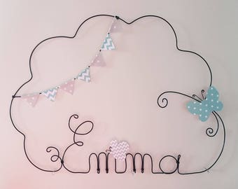 Nuage Prénom Décoration en fil de fer personnalisable papillon et banderole Emma