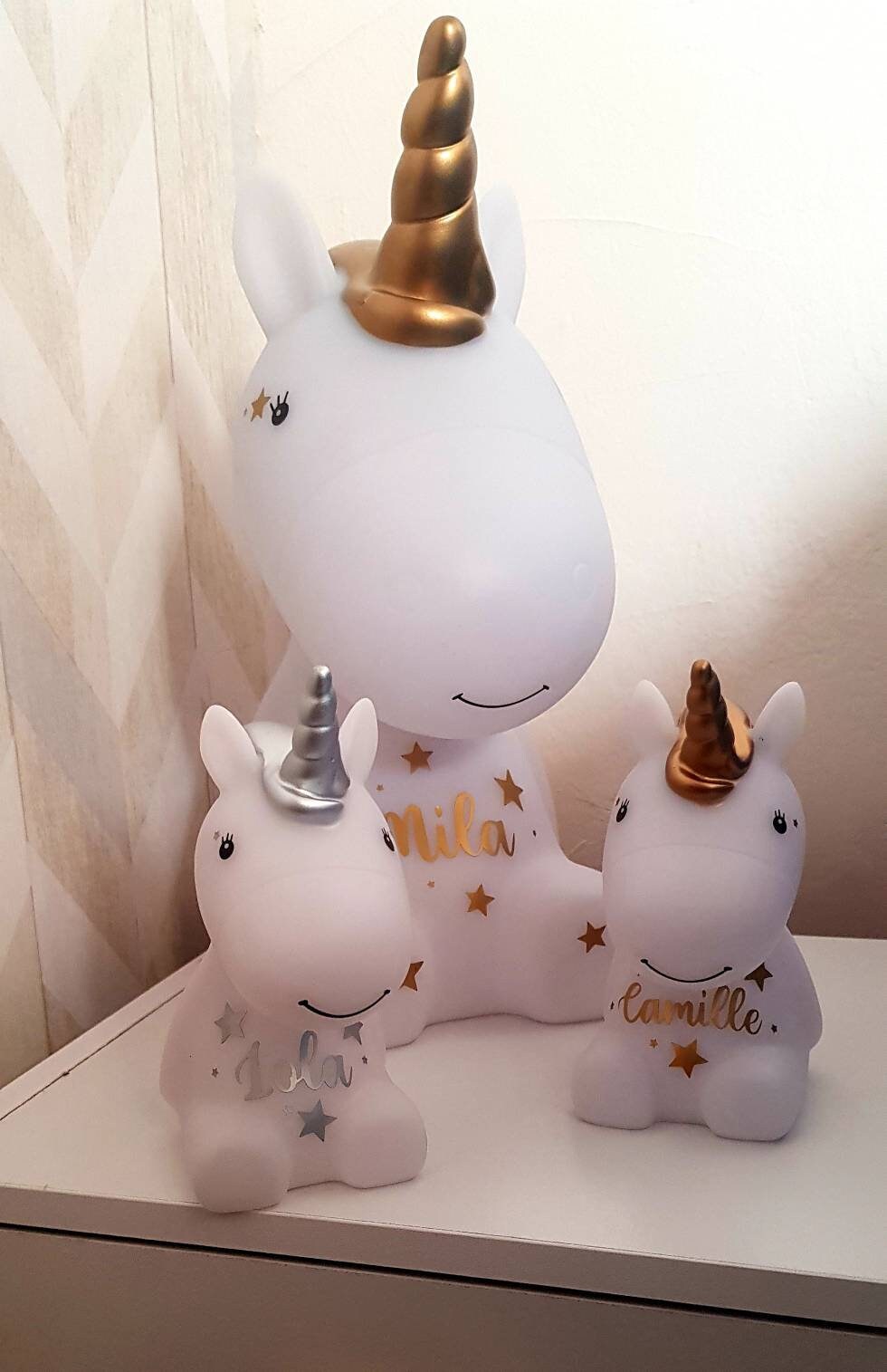 Xxl 26, 5cm Veilleuse Enfant Décoration Personnalisé avec Le Prénom Au Choix Licorne Doré Xxl Idéale