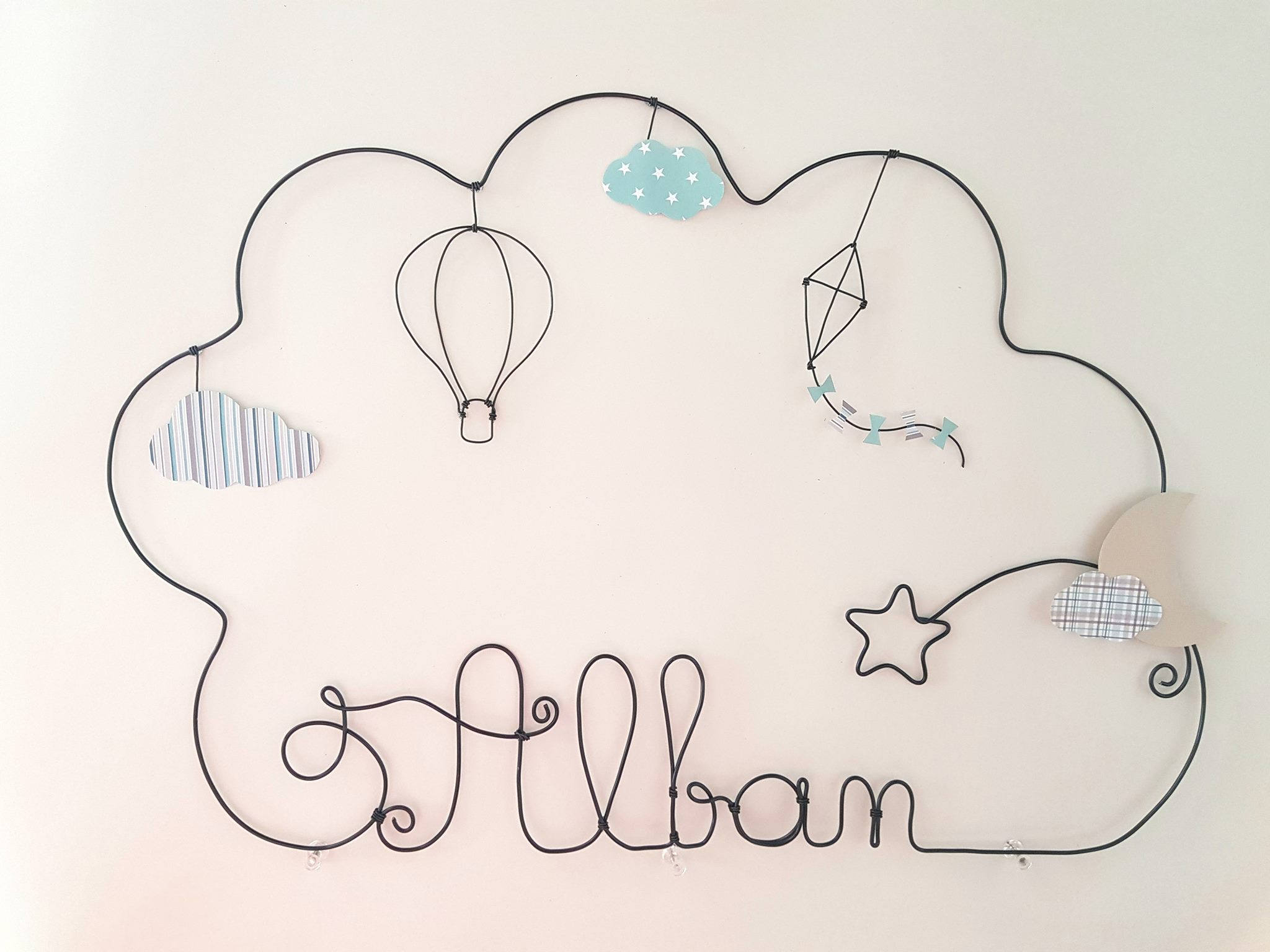 Nuage Prénom Décoration en Fil de Fer Personnalisable Montgolfière et Cerf Volant Alban