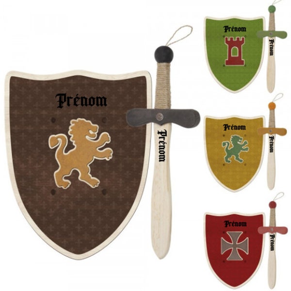 Medieval wooden knight sword and shield with first name of your choice several colors