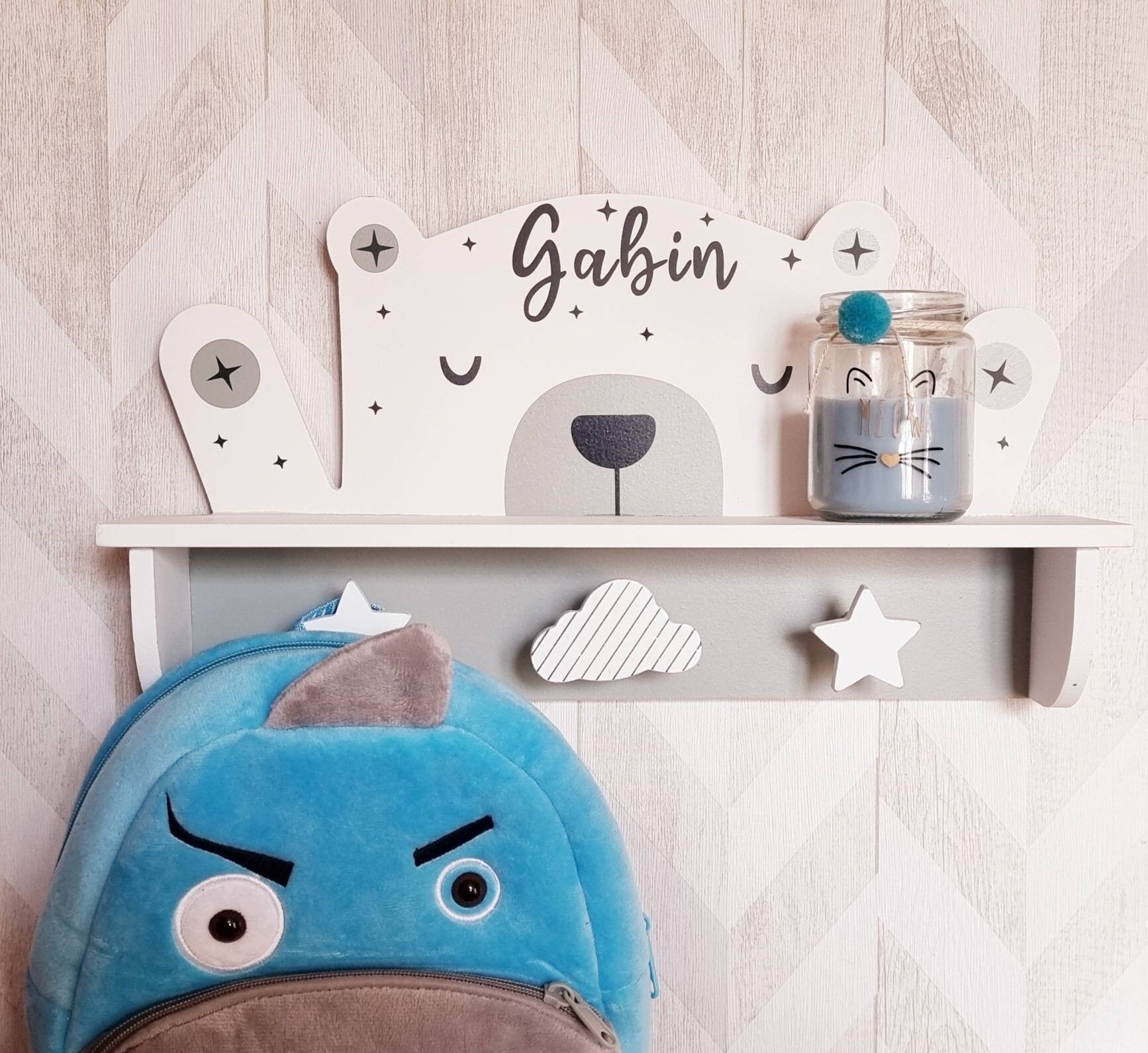 Porte Manteau Étagère Ours Visage Enfant à Personnaliser avec Prénom Décoration