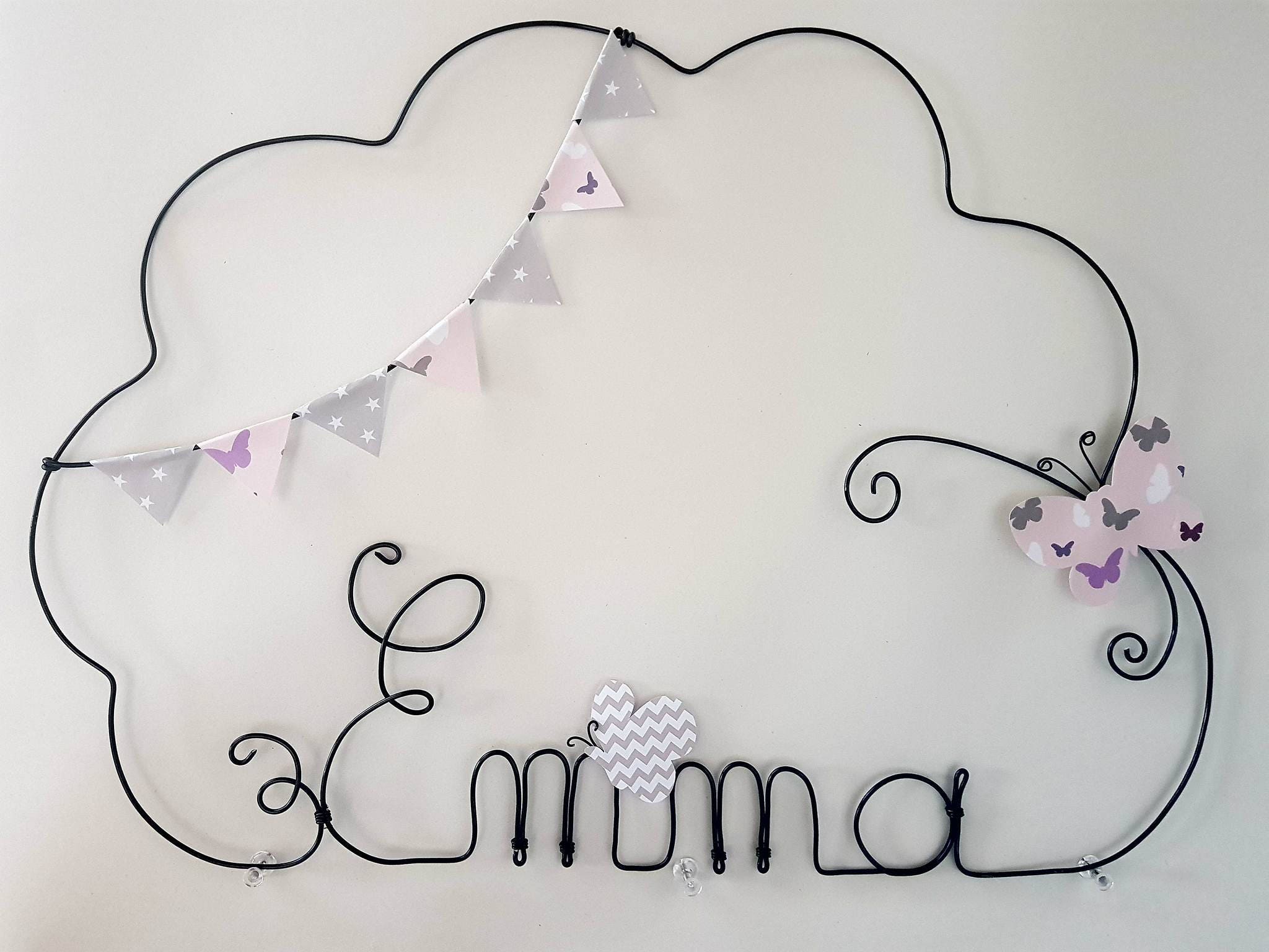 Nuage Prénom Décoration en Fil de Fer Personnalisable Papillon et Banderole Emma Mauve Gris