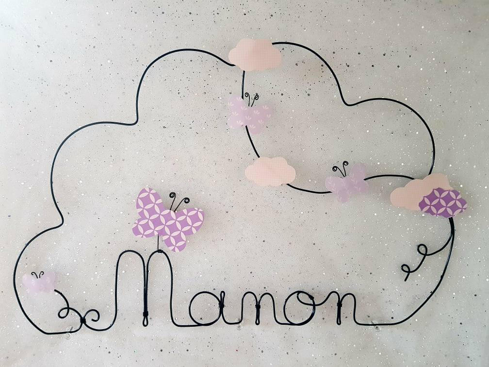 Nuage Prénom Décoration en Fil de Fer Personnalisable Papillon et Nuage Manon