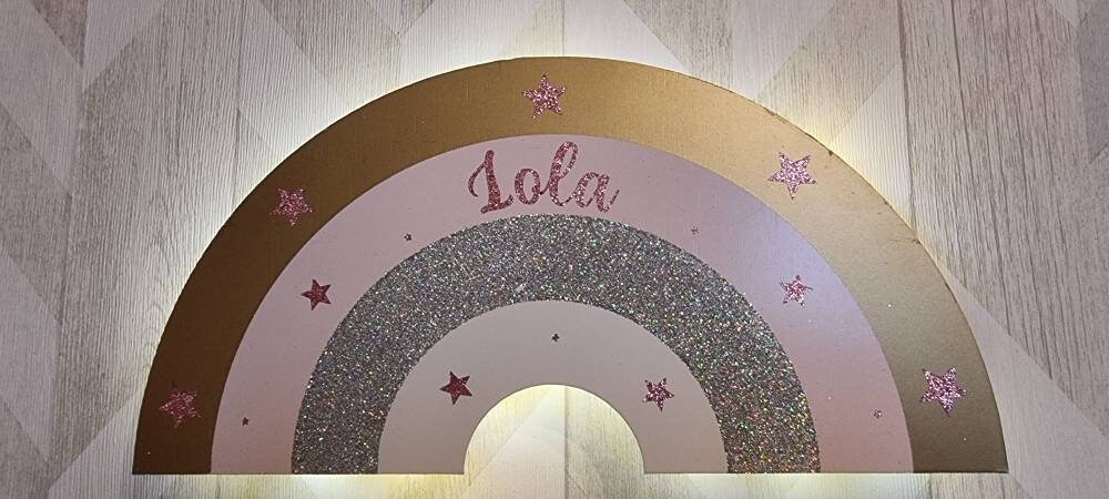 Arc en Ciel Led Applique Murale avec Télécommande Enfant à Personnaliser Prénom Rose Doré Argent Déc