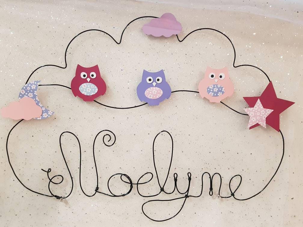 Nuage Prénom Décoration Chambre en Fil de Fer Personnalisable Chouettes Hiboux Dans Les Tons Rose Vi
