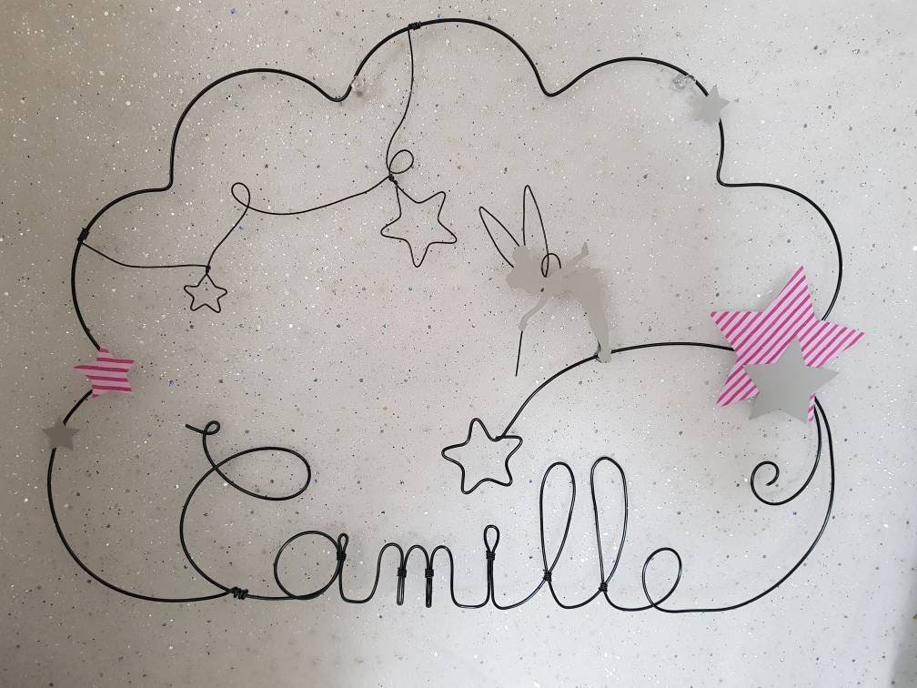 Nuage Prénom Décoration Chambre en Fil de Fer Personnalisable Fée Clochette Rose et Gris