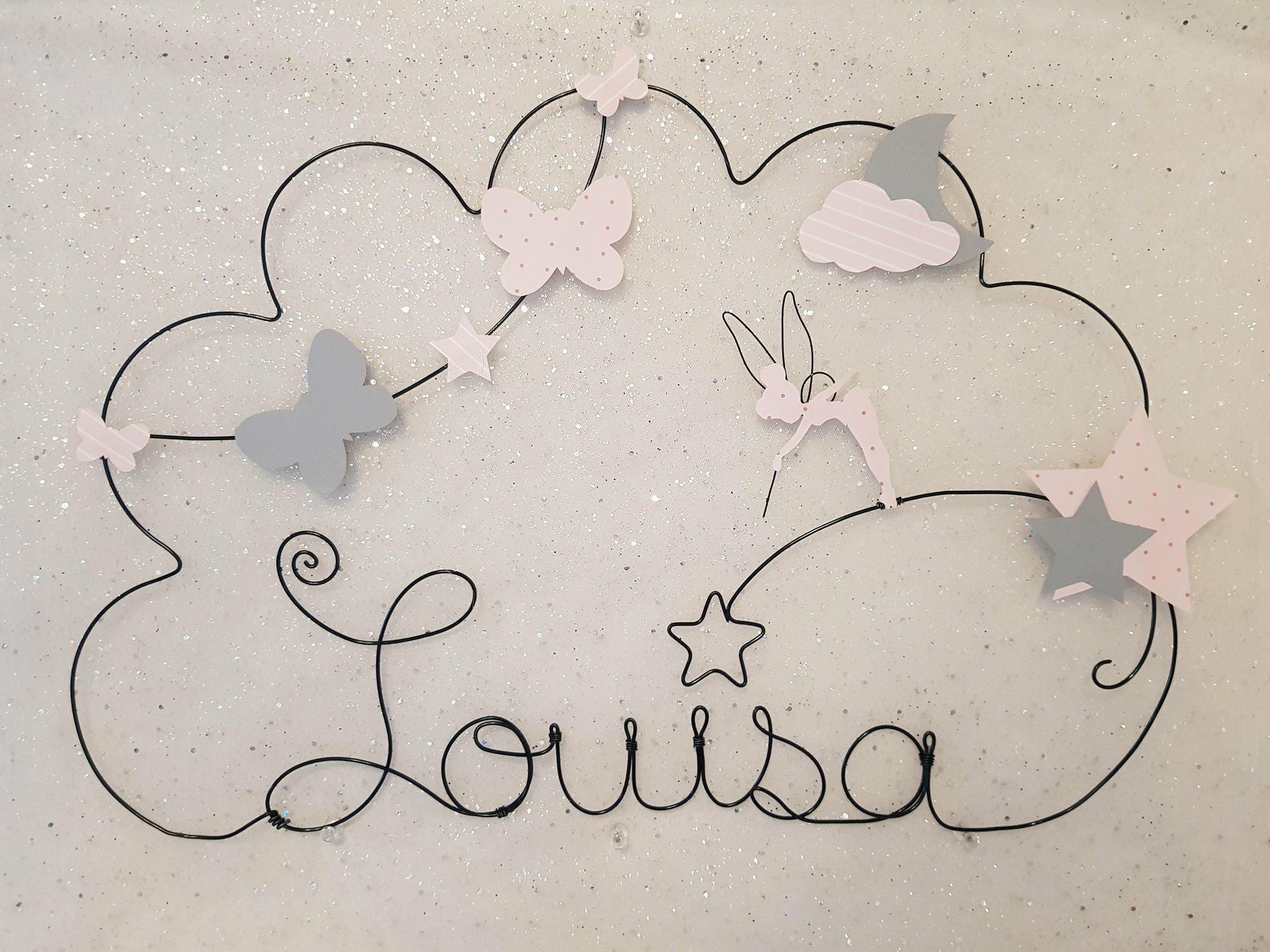 Nuage Prénom Décoration Chambre en Fil de Fer Personnalisable Papillon Fée Louisa Rose et Gris