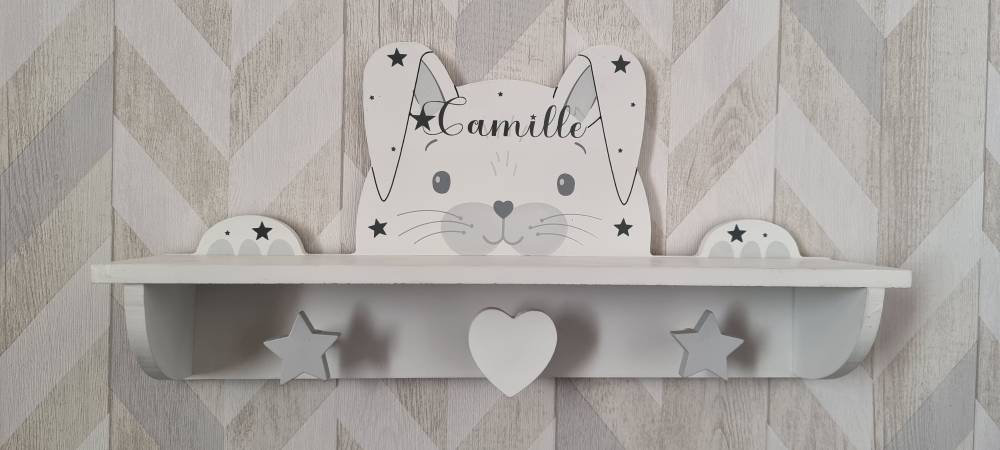 Porte Manteau Étagère Visage Lapin. Enfant à Personnaliser avec Prénom Décoration