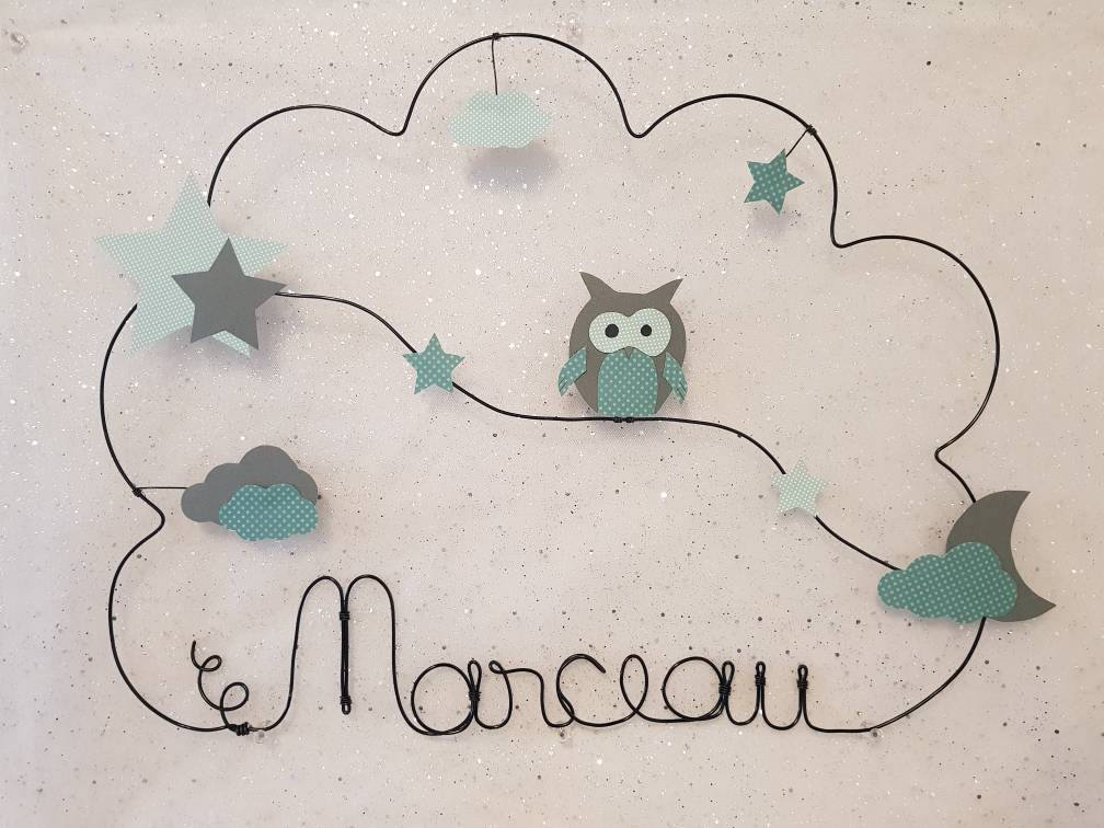 Nuage Prénom Décoration Chambre en Fil de Fer Personnalisable Chouette Hiboux Étoiles et Nuage Marce