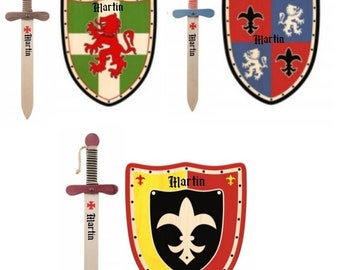 Épée et bouclier en bois chevalier avec prénom au choix plusieurs couleurs