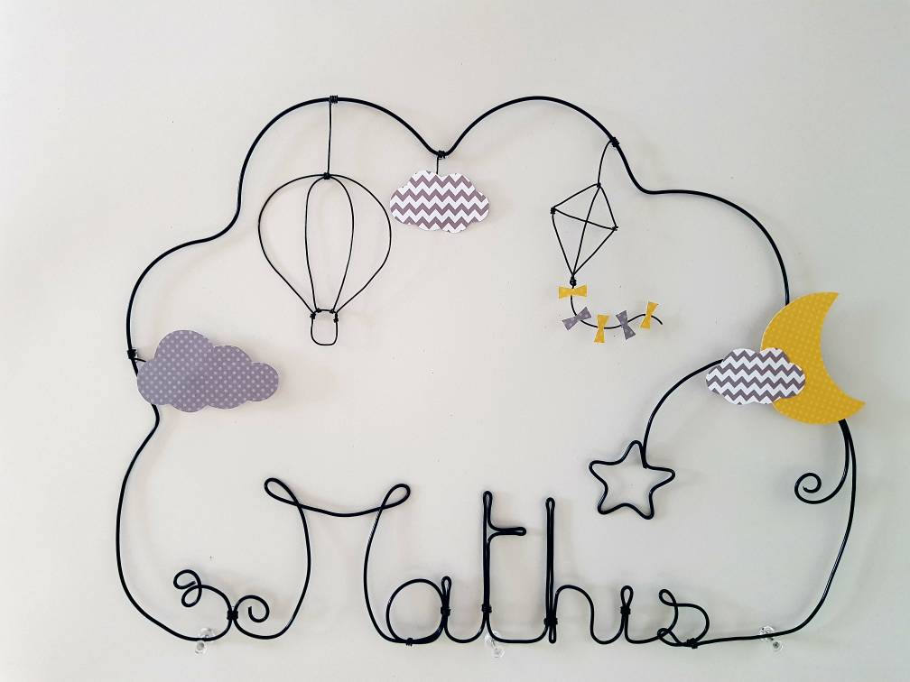 Nuage Prénom Décoration en Fil de Fer Personnalisable Montgolfière et Cerf Volant Mathis