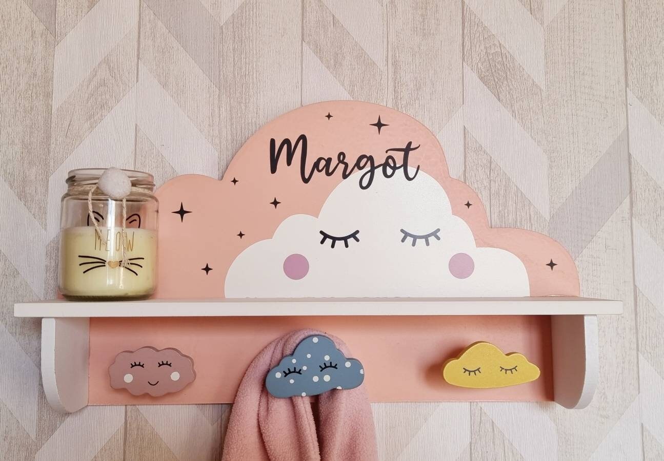 Porte Manteau Étagère Nuage Visage Enfant à Personnaliser avec Prénom Décoration