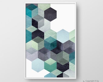 Printable Geometric Art, Geometric Print, Modern Poster, Green Blue Geometric Print, Hexagon Print, Geometric Poster, Instant Dowload