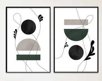 Modern Abstract Line Art, Set Of 2 Abstract Line Organic Wall Art, Minimalist Geometric Print Two Piece, Mid Century Forest Green Art