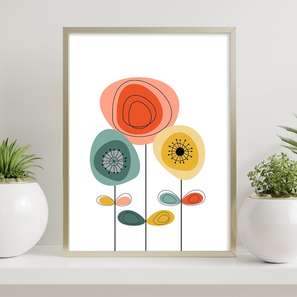 Mid Century Flowers, Mid-Century Modern Print, Happy Flower Art, Retro Print, Mid Century Flower Poster, Abstract Nursery Flower Print