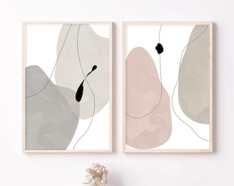 Modern Abstract Printable Wall Art Set of 2, Beige Gray Abstract Prints, Neutral Beige Rose and White Gallery Wall, Japandi Wall Decor