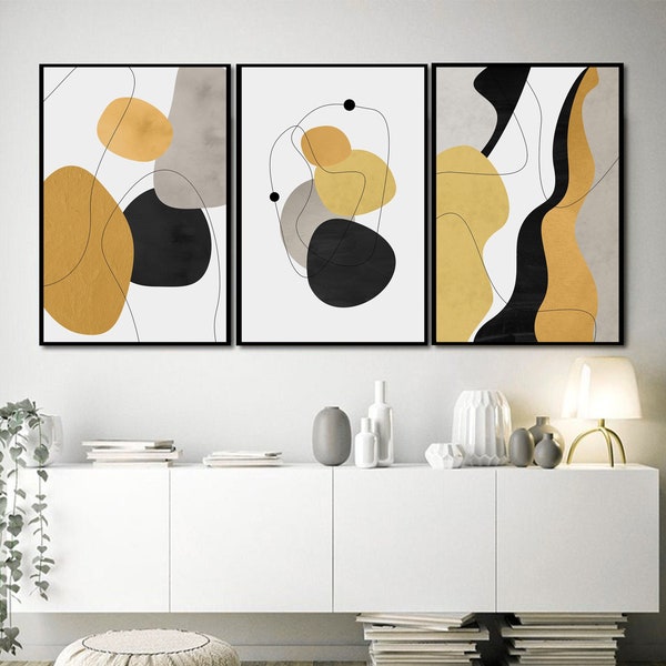 Black and Yellow Scandinavian Set of Prints, Printable Set of 3 Abstract Line Art Print, Warm Yellow Minimalist Prints, Modern Nordic Prints