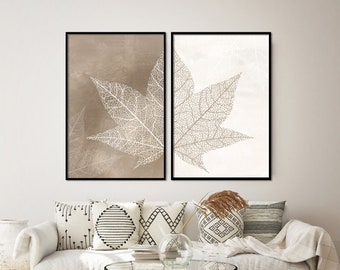 Set of Two Botanical Prints, Leaf Prints, Nature Wall Art, Warm Beige Boho Bedroom Decor, Leaf Poster Digital Download, Printable Wall Art