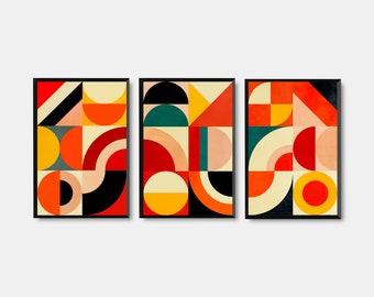 Printable Geometric Prints,  Set of Three Bauhaus Art, Modern Abstract Red Orange Yellow Mid Century Bauhaus Print, Geometric Wall Art