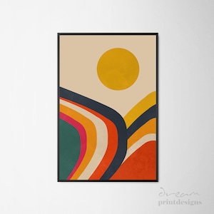 Printable Retro Mid Century Print, Summer Print, Abstract Sunset Mid Century Modern Wall Art, Colorful Print, Orange Red Modern Art