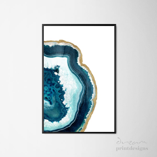 Mineral Art Print, Crystal Print, Agate Wall Art, Blue Agate Print, Boho Wall Art, Gemstone Printable, Geode Print, Agate Slice Bohemian Art