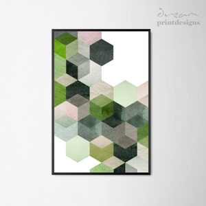 Green Geometric Printable Poster, Green Abstract Print, Green and Black Geometric Art, Hexagon Printable Wall Art, Modern Green Art