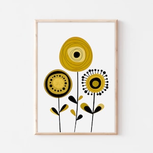 Mid Century Flower Print, Botanical Art, Mid century Modern Wall Art, Printable Flower Wall Art, Scandinavian Mustard Yellow Flower Print
