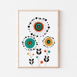 Mid Century Botanical Print, Colorful FLowers Art, Mid century Wall Art, Printable Flower Art, Abstract Flower Print, Happy Mood Art