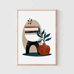 Abstract Boho Decor, Printable Wall Art, Boho Plant Wall Art, Beige, Blue, Mid Century Art, Bohemian Decor Print, Boho Home Decor