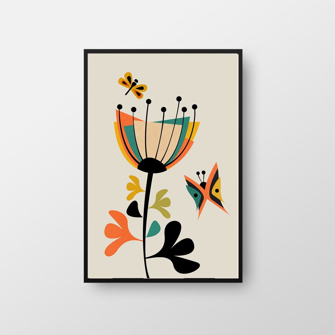 Mid Century Flower, Nature Print, Flower Art, Warm Colors, Butterfly