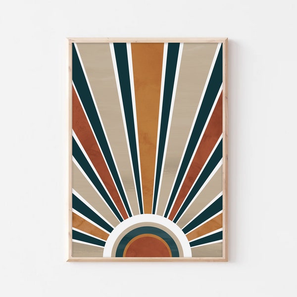 Boho Print, Boho Sun Wall Art, Terracotta, Beige, Blue, Minimalist Sun Print, Mid Century Boho Print, Retro Wall Art, Sunburst Poster