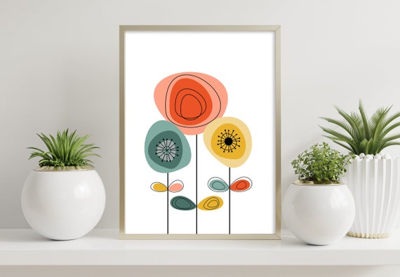 Mid Century Flowers, Mid-century Modern Print, Happy Flower Art, Retro Print,  Mid Century Flower Poster, Abstract Nursery Flower Print - Etsy